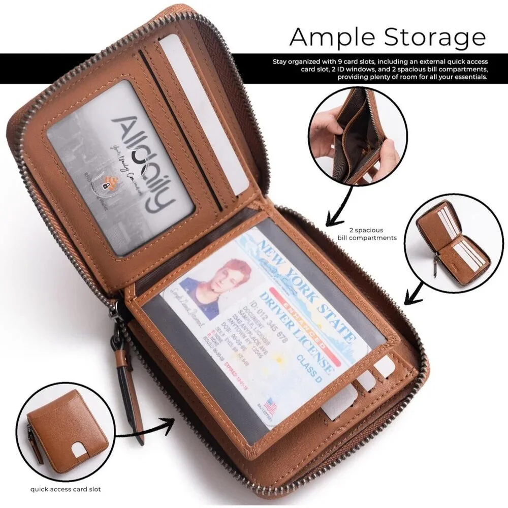 Men's Bifold Leather Dark Brown Wallets Card Slot Secure Zipper Closure Style